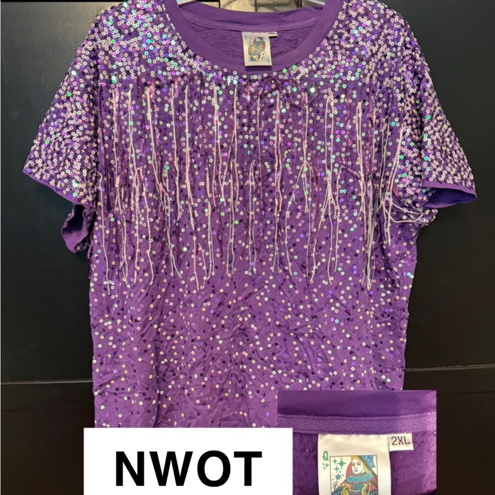 QUEEN OF SPARKLES Purple Sequin Short Sleeve Tee